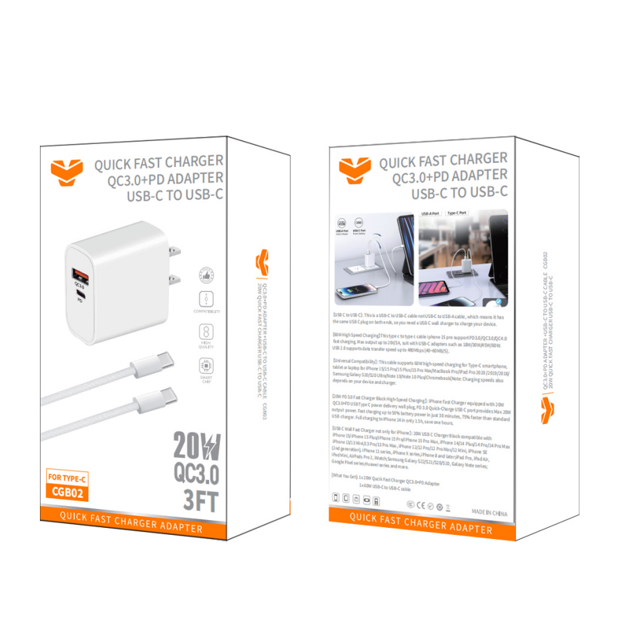 Cargador de pared Vitog 20W QC3.0+PD + cable USB-C a USB-C de 20W CGB02