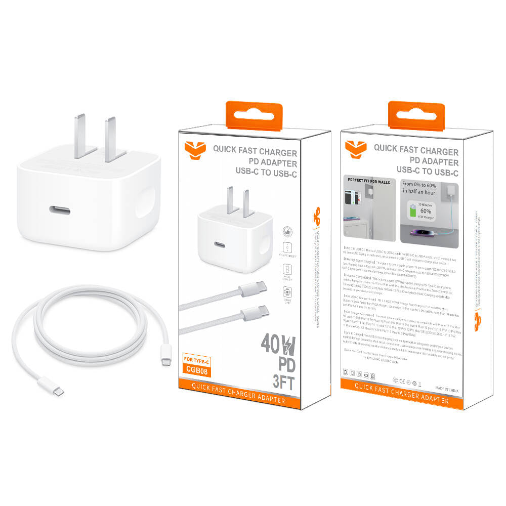 Cargador de pared Vitog CGB08 de 40W PD + cable USB-C a USB-C de 3 pies y 60W
